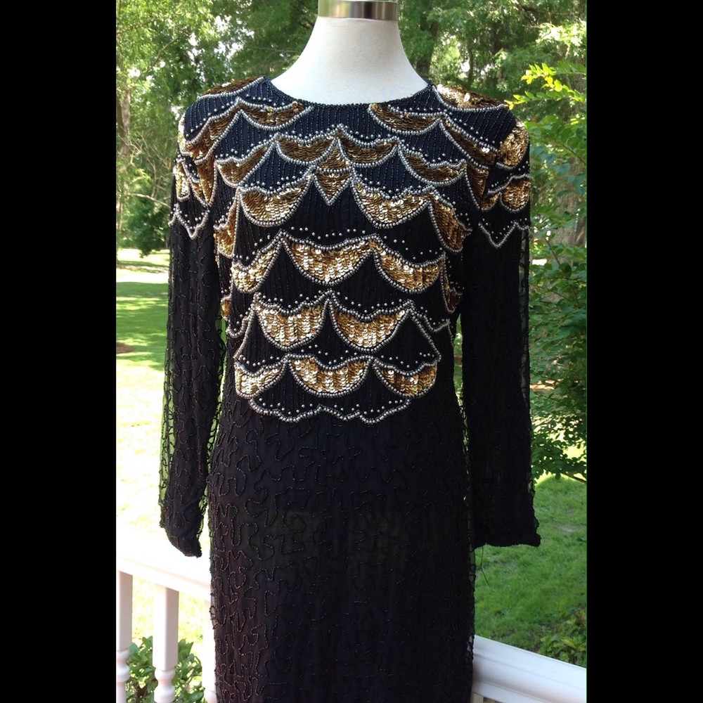 Vintage Black Gold  Sequin Dress Scallop Sheath